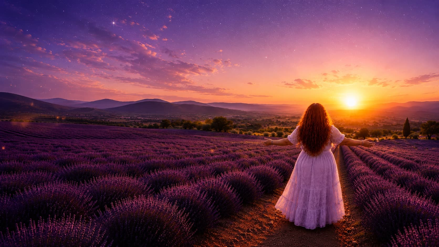 Cris de braços abertos num campo de lavanda ao entardecer, de costas, contemplando o pôr do sol