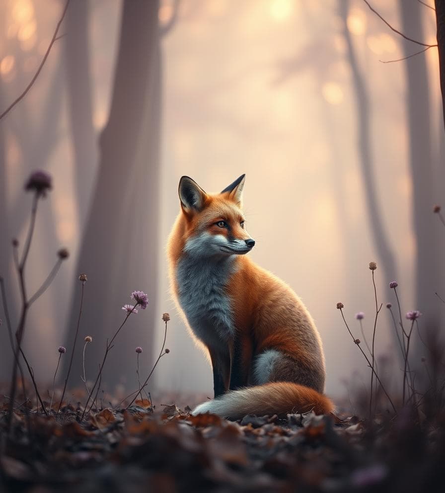 Uma raposa serena em uma floresta enevoada ao amanhecer, símbolo de intuição e sabedoria